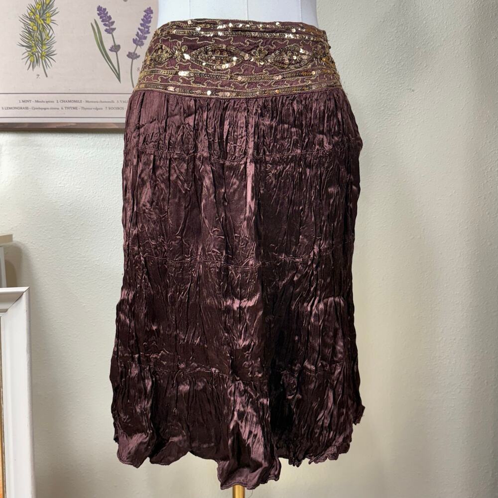 Y2K Satin Sequin Embroidered Skirt Forest Fairy Grunge Boho Coastal Cowgirl M